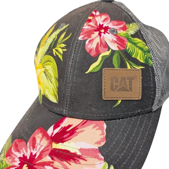 CAT Caterpillar Gray Hawaiian Print Mesh Snap Back Trucker Hat - Picture 3 of 8